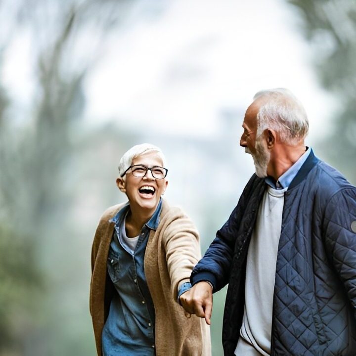 Elderly couple laughing while walking outdoors.